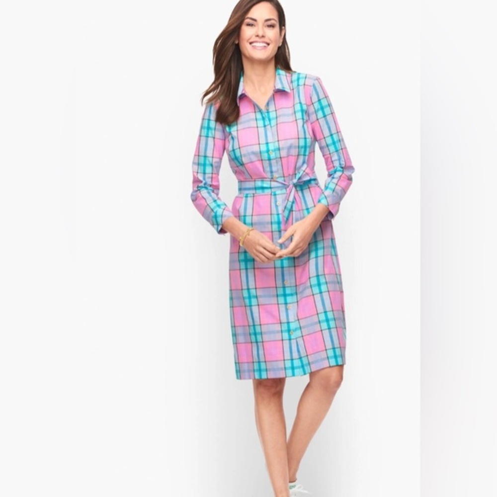 Talbots FAUNA hot pink PLAID BELTED SHIRTDRESS size 2 brand new